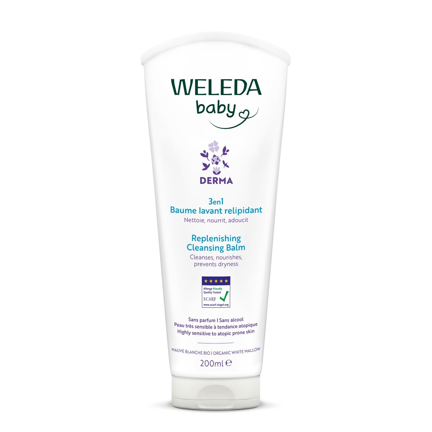 weleda-baume-lavant-relipidant-derma-3en1-200-ml-mauve-blanche-bio-sans-savon-pe image 1